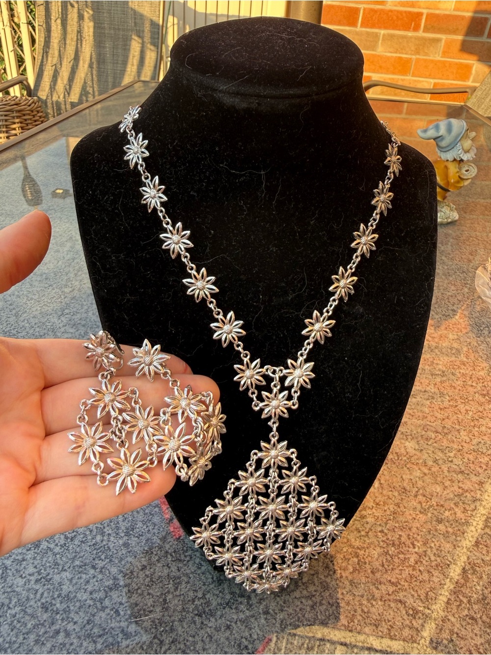 Vintage D’orlan Silver Tone Sunflower Necklace and Clipon Set